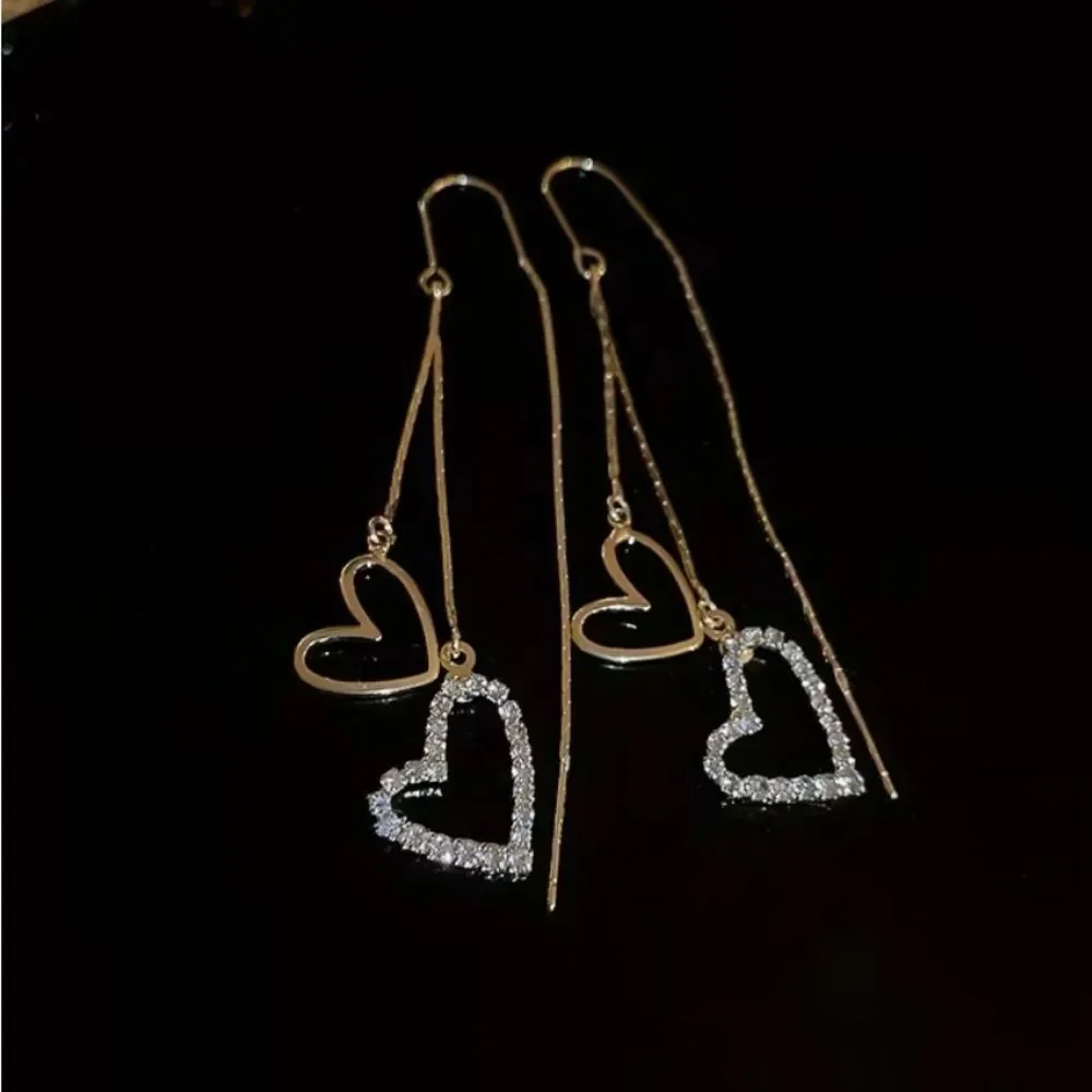 ✨ NEW Unique Sparkling Gold Tassle Double Heart Dangle Earrings ✨